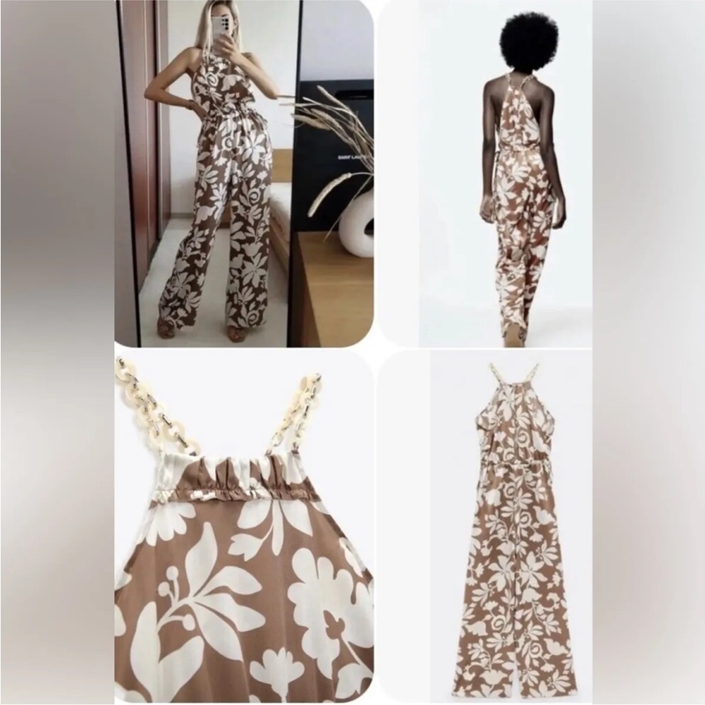 Zara Printed Jumpsuit Floral Satin Wide Leg With Neck Chains Blogger Fave - Picture 5 of 7